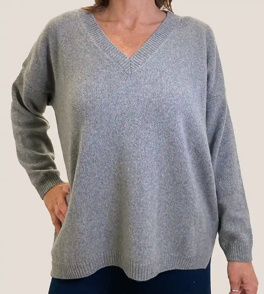 Maglione in Cashmere Oversize Donna Scollo a V Grigio Perla